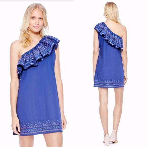 Parker | NWT Katrina Lazuli Blue Embroidered Ruffle One Shoulder Mini Dress - Picture 2 of 12